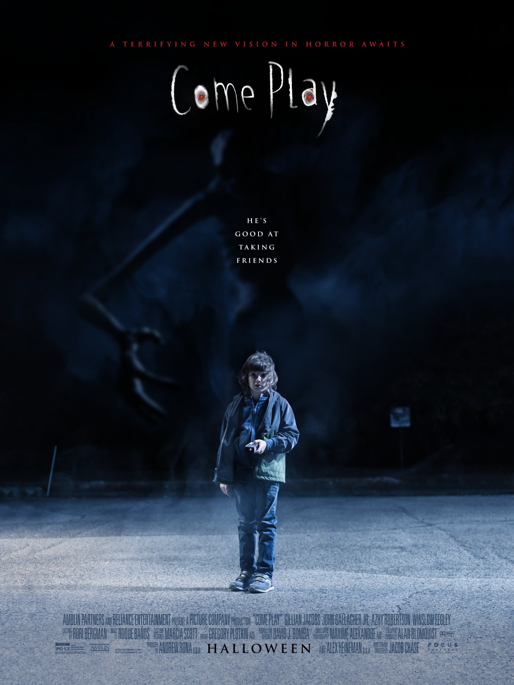 Movie poster showing a young boy standing alone at night with a shadowy monster behind him, title “Come Play.”
