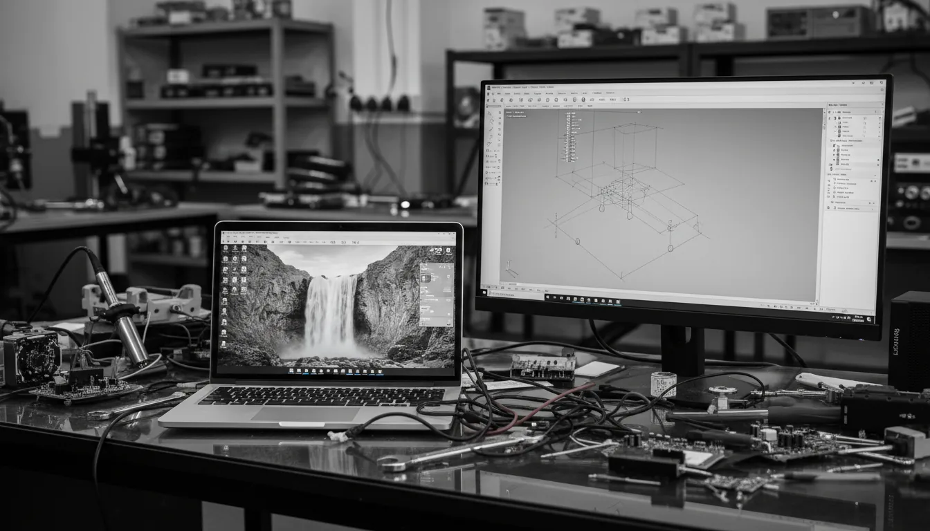 High-contrast monochromatic DSLR photograph of a cluttered engineering workshop desk. In the foreground, an open laptop sits next to a large external monitor. The main monitor displays a complex 3D model within a light-mode CAD software interface, showing detailed layers and toolpaths with UI elements on the right sidebar. The laptop screen shows a scenic waterfall wallpaper with abstract desktop widgets. The dark, reflective desk is covered in a chaotic arrangement of tools, cables, and electronic components. The background is a busy workshop, softly blurred with a shallow depth of field. The scene is illuminated by ambient indoor lighting, with a sharp focus on the computer screens.