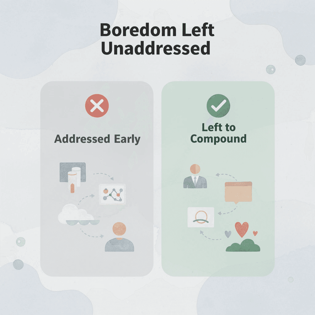 Before and after infographic comparing outcomes when boredom is addressed versus ignored