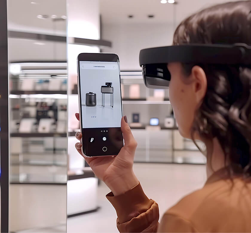User wearing AR headset looking at phone