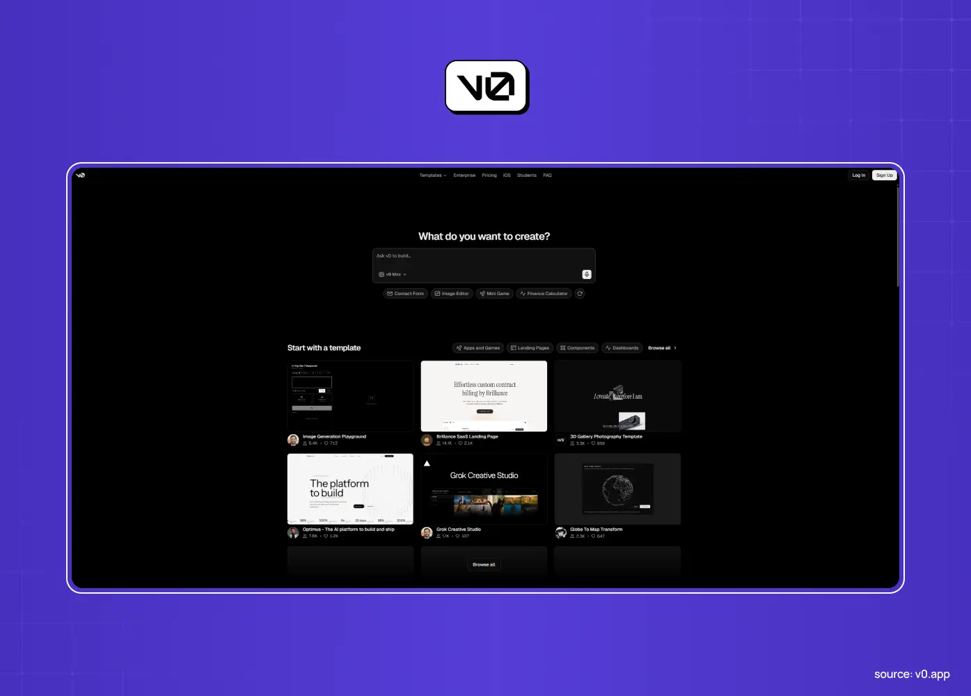 Screenshot of v0, an AI-driven interface generation platform that creates UI components and applications from text prompts.