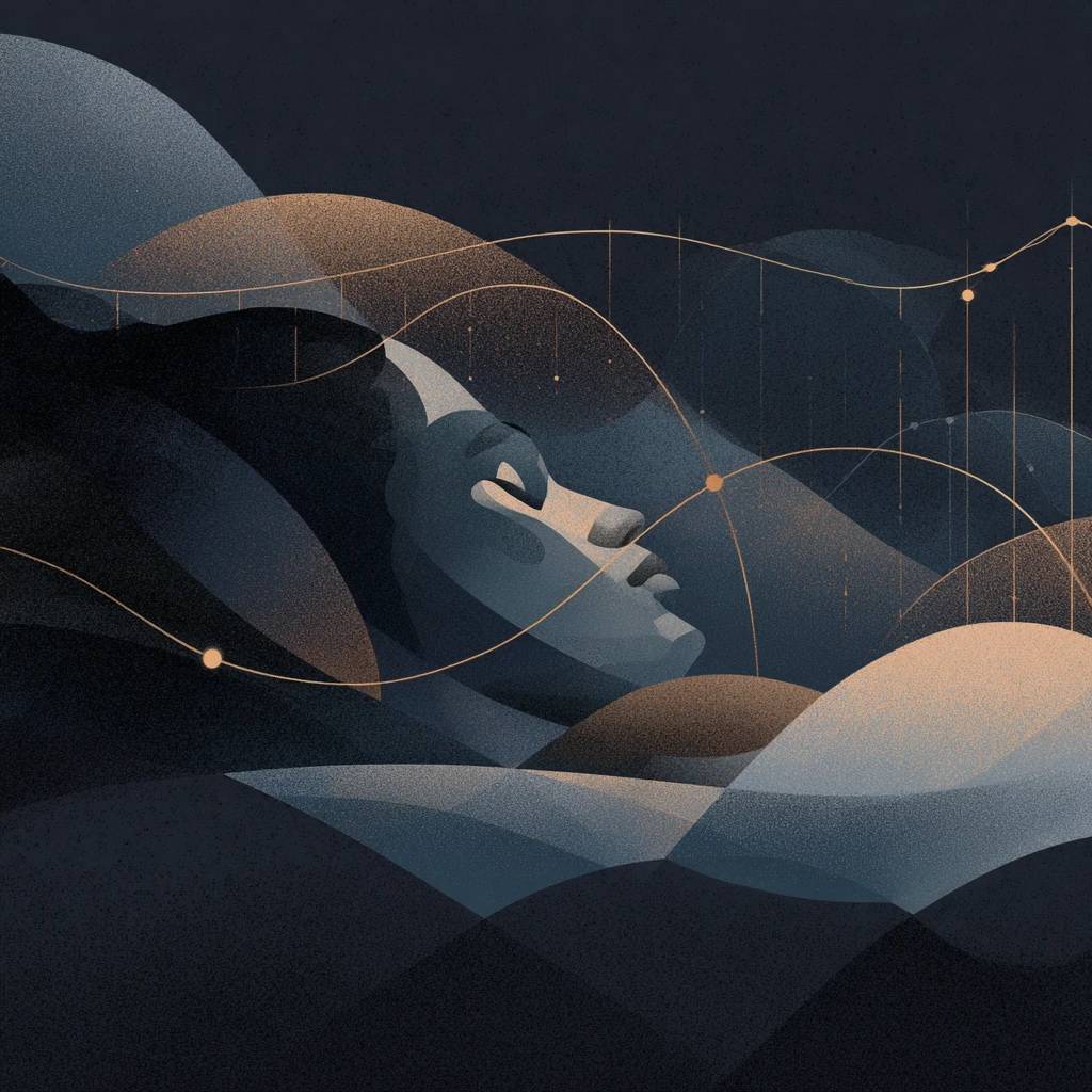 Calm nighttime illustration of a sleeping figure with layered sleep cycle waveforms showing sleep architecture and progression through REM and non REM stages.
