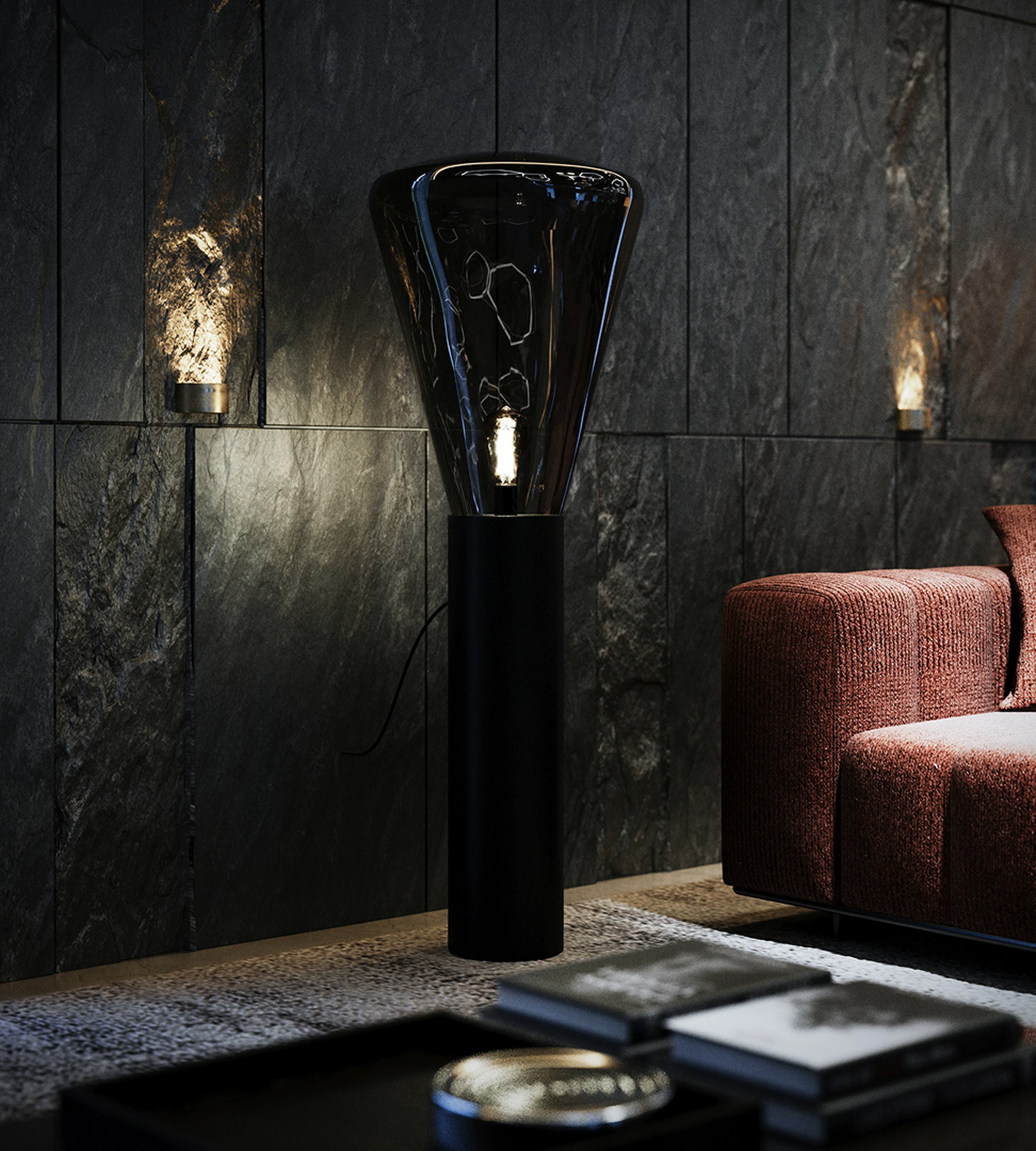 Détail — tablette en chêne et verrerie.