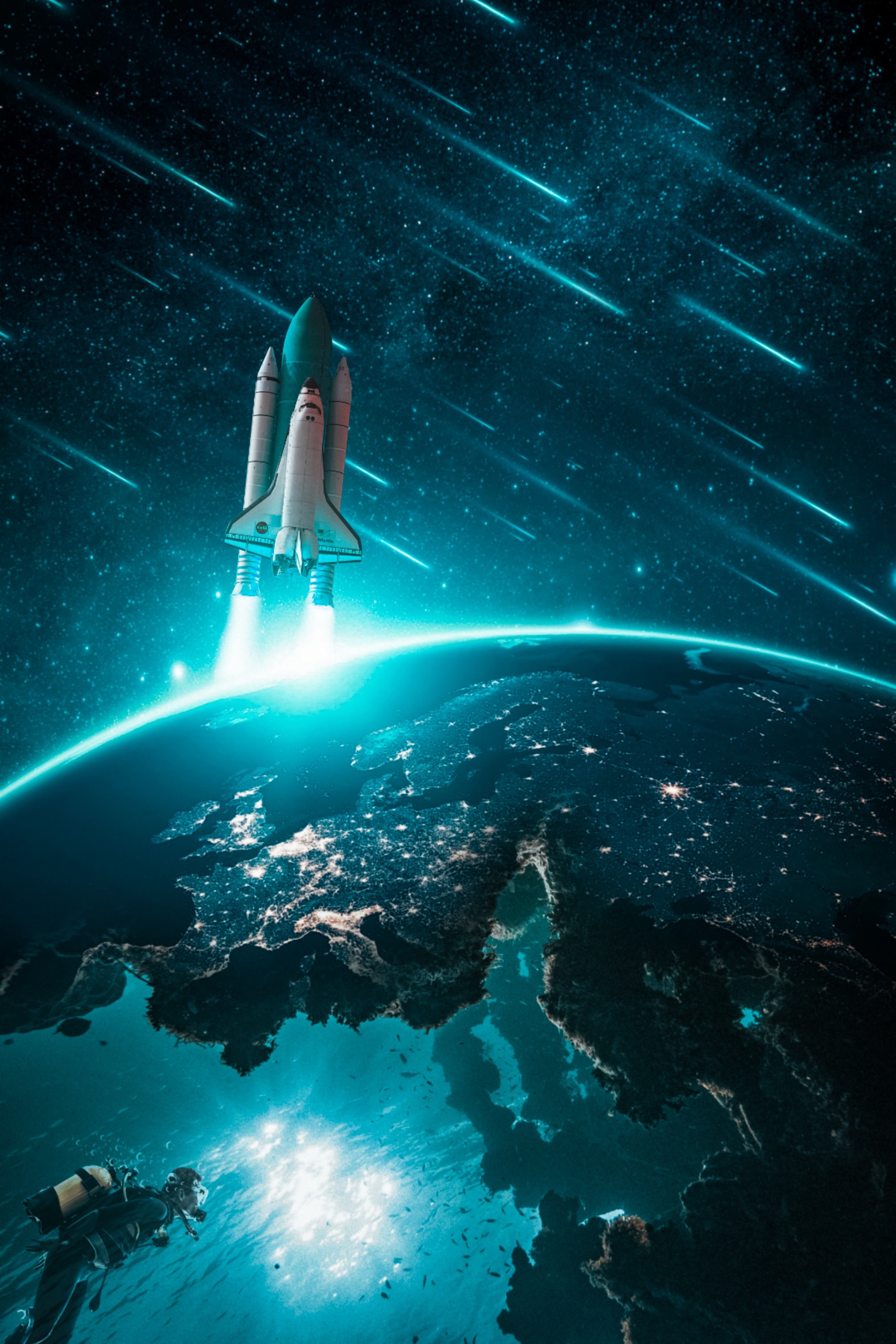 : A futuristic background image featuring a rocket launching from a glowing blue Earth, with stars and streaks of light in the dark sky, suitable for a marketing agency's single service page hero section.
