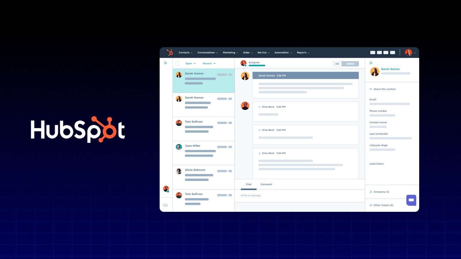HubSpot-Logo neben dem Posteingang von HubSpot CRM mit Kontaktgesprächen und Kontaktdaten