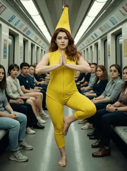 Banana suit yoga chaos by AI UGC video generator