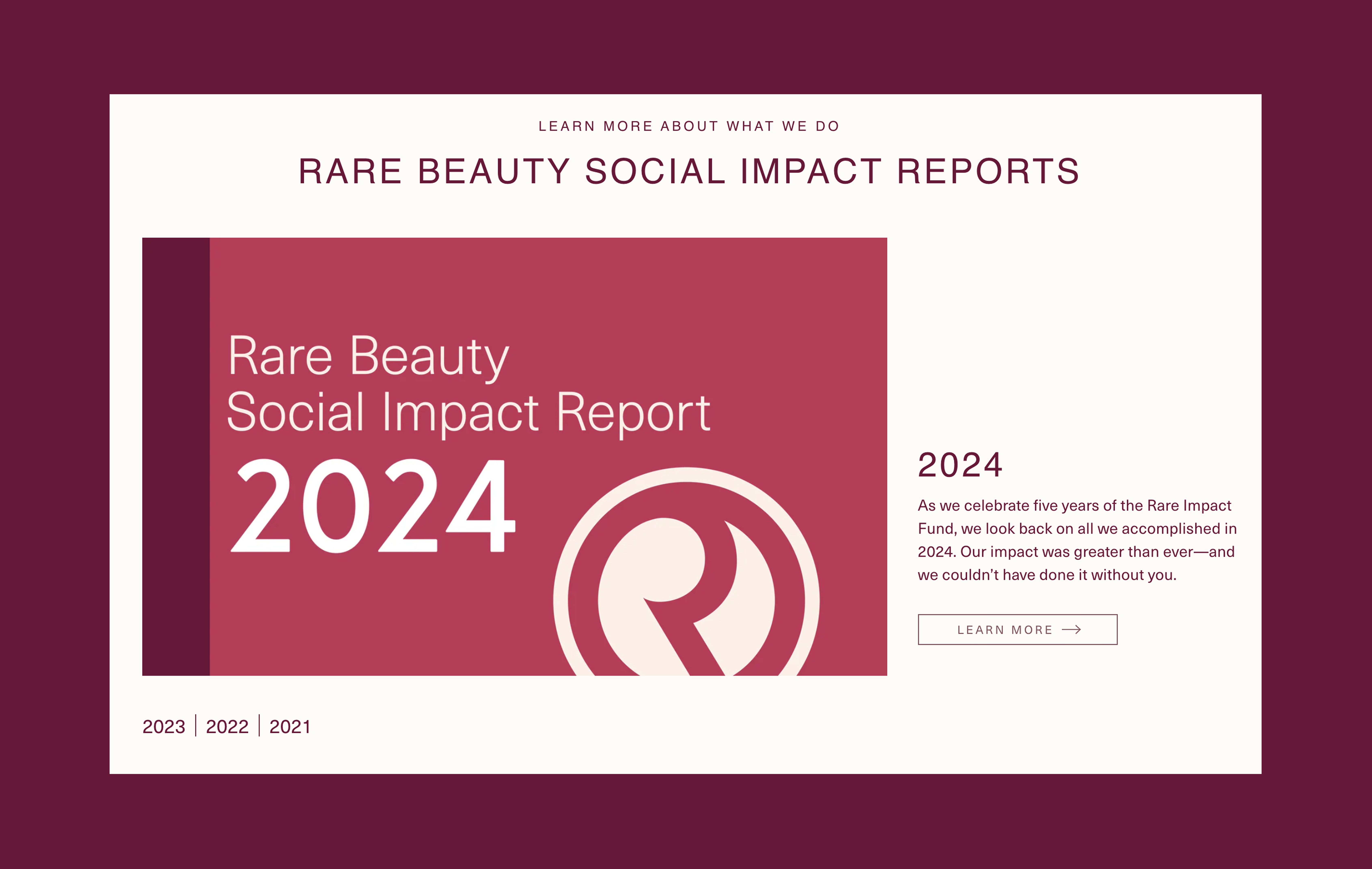 Rare Beauty 2024 Social Impact Report cover and summary