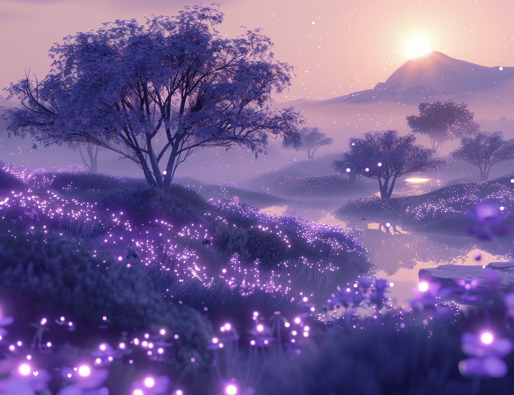Purple misty landscape with soft glowing flowers and distant mountains at sunrise.