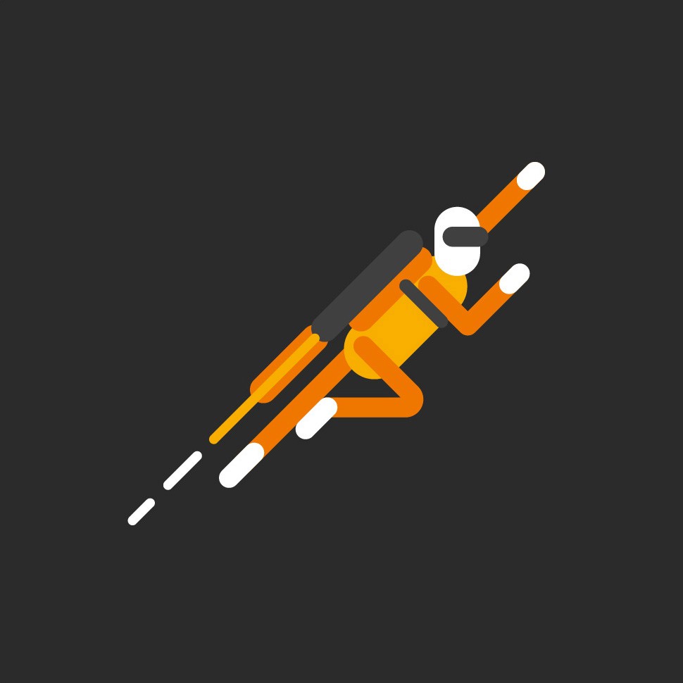 Simple vector illustration of an astronaut with a engine on the back. Black background and colors white, orange, dark orange.