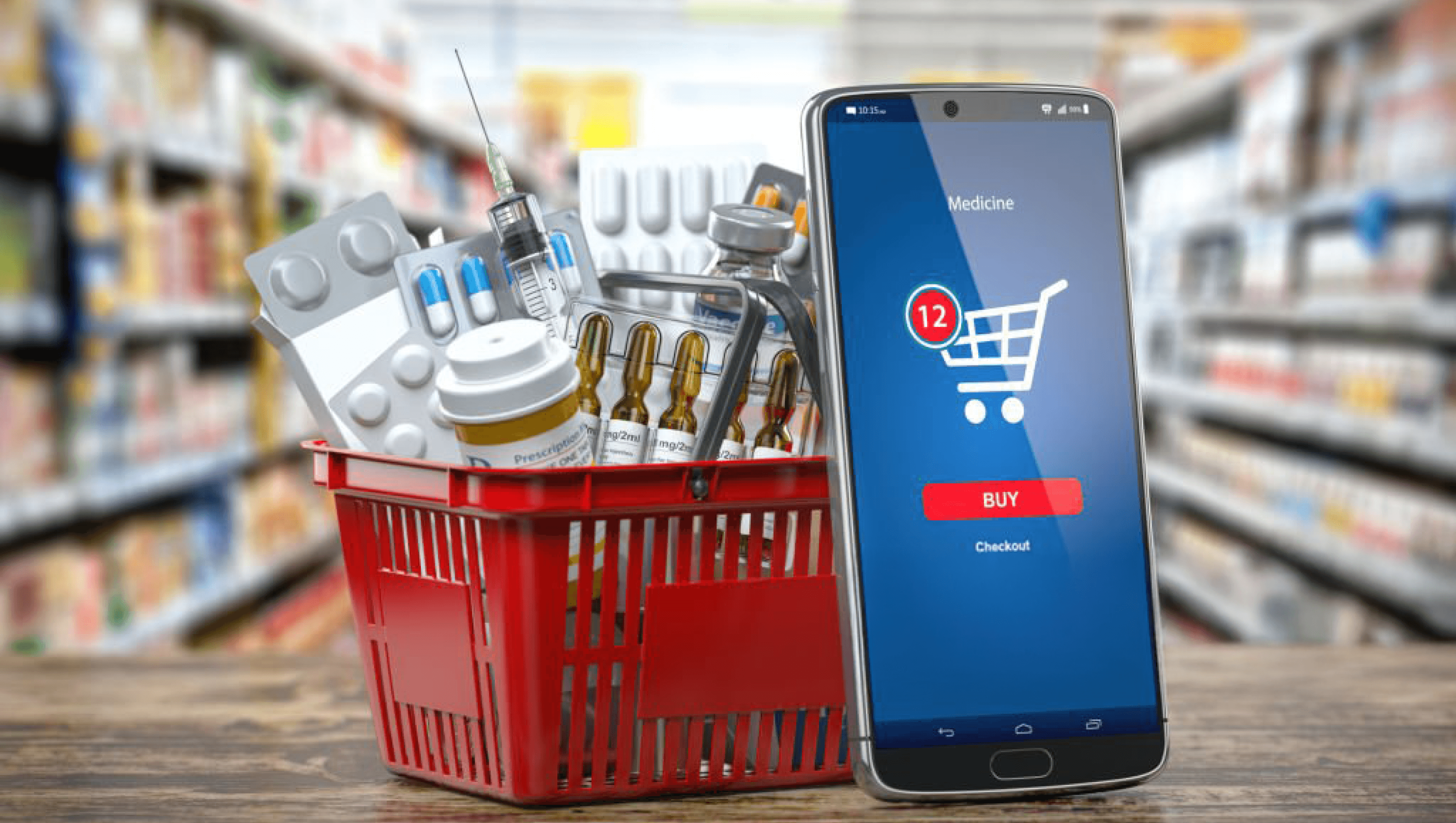 A shopping basket filled with a variety of medical supplies, including tablets, syringes, and prescription bottles, placed next to a smartphone. The smartphone screen displays an online medicine shopping app with a cart icon and the option to purchase medicines online, symbolizing the shift towards e-commerce in the healthcare sector. - Medicine delivery trends in India - Online pharmacy challenges - Future of pharmacy technology - Local pharmacy innovations - Pharmacy software benefits - E-pharmacy market India - Competing with online pharmacies - Marg billing software alternatives - Ezo billing machine comparison - Apollo Pharmacy app review