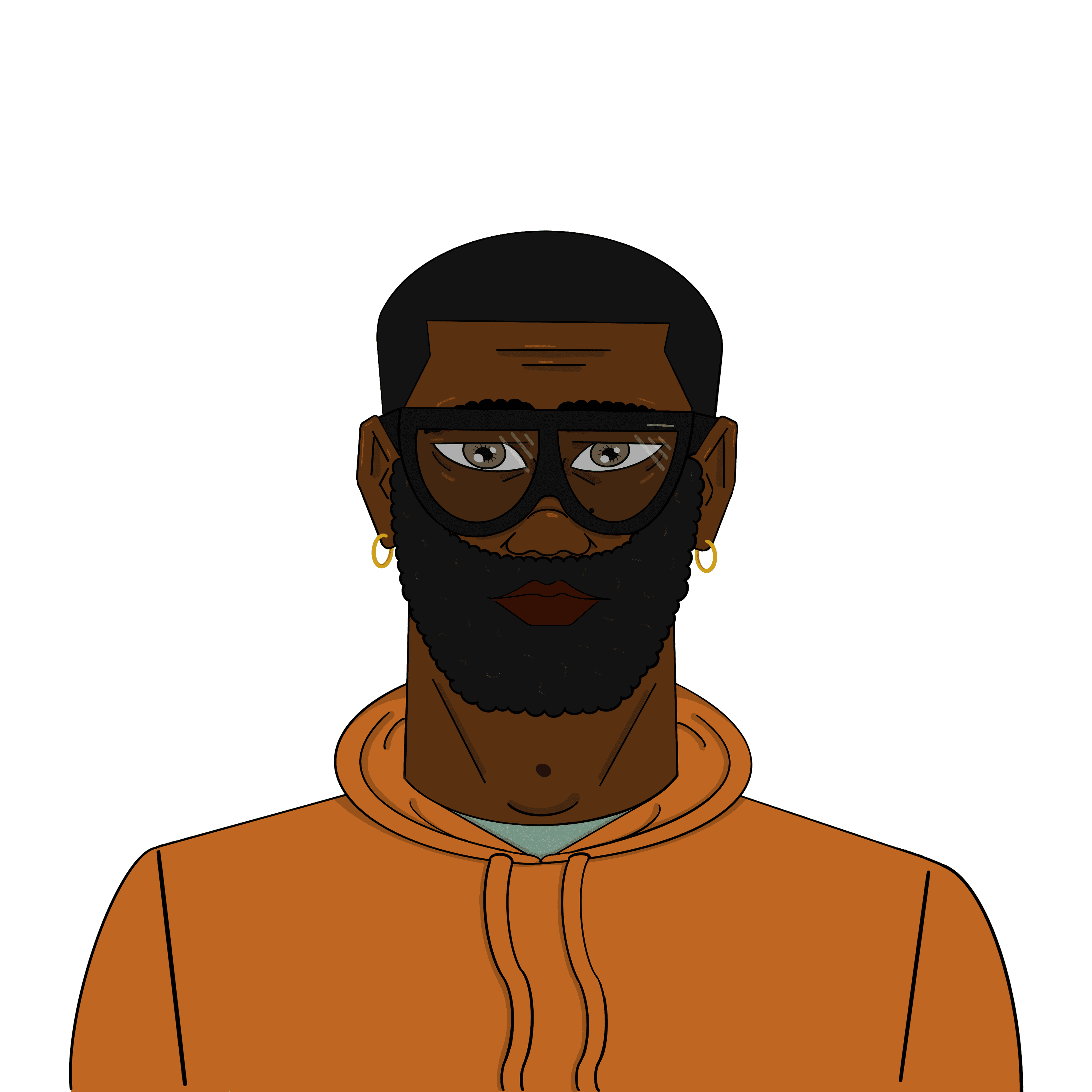 Illustration of Black man with glasses, orange hoodie and full beard.