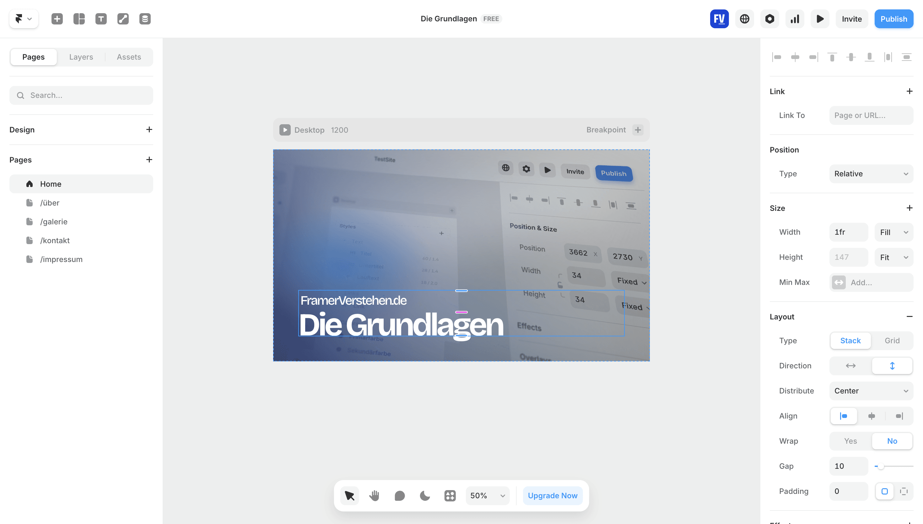 Ein Screenshot der Arbeitsoberfläche in Framer