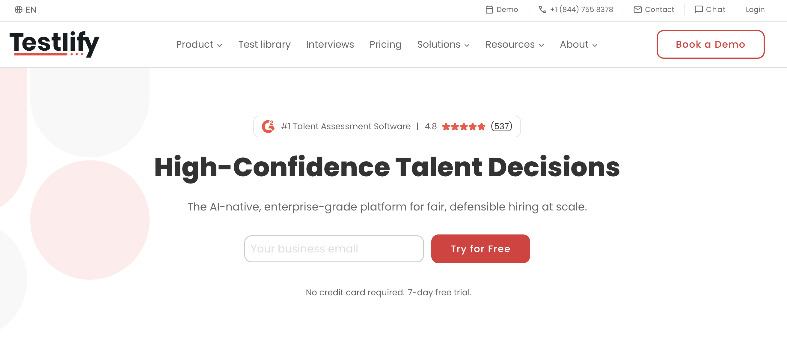 Screenshot of Testlify homepage hero image with talent decisions headline