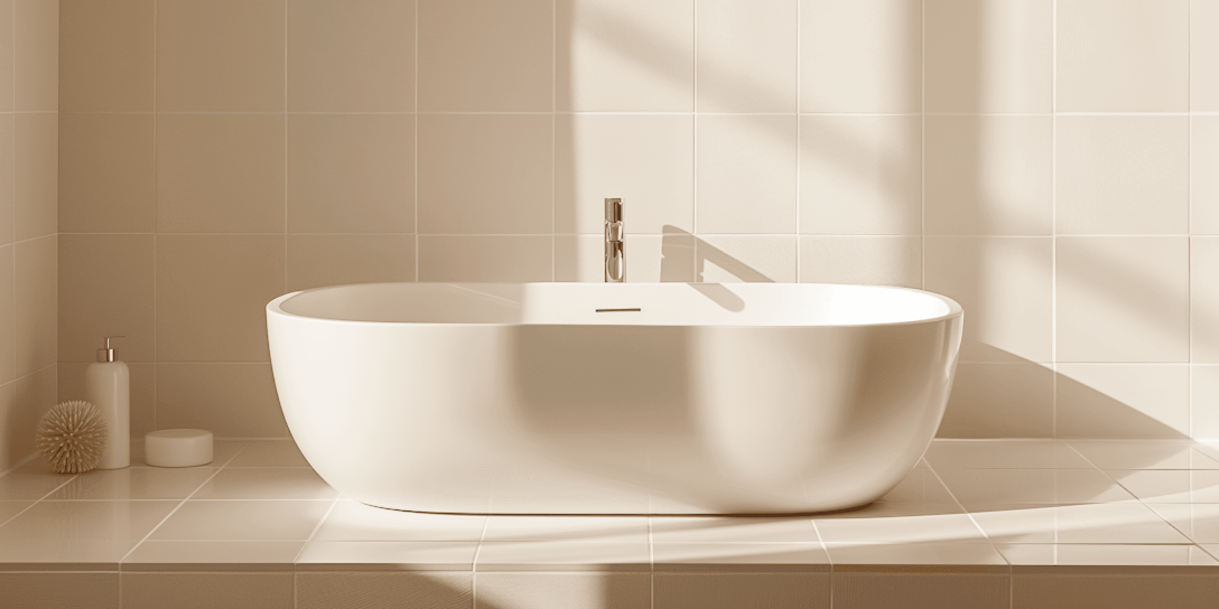 Minimalist beige bathroom with modern freestanding bathtub and soft lighting