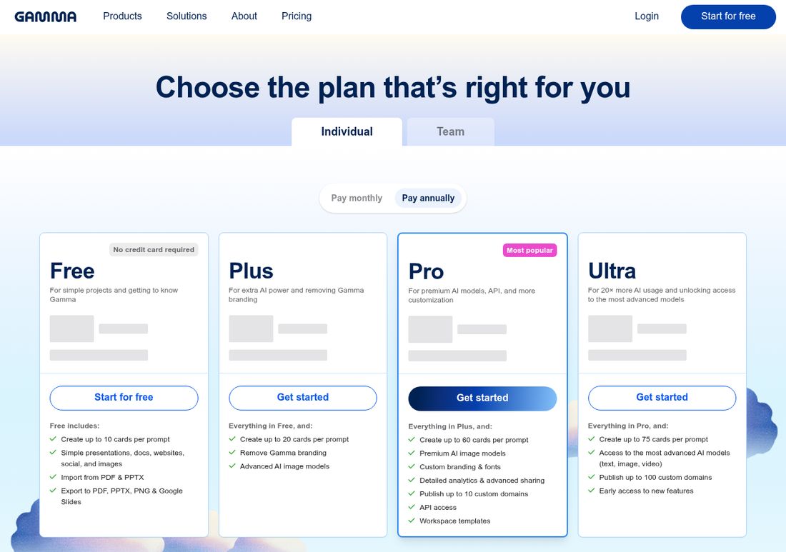 Gamma pricing page showing Free, Plus, Pro, and Ultra plan features side by side