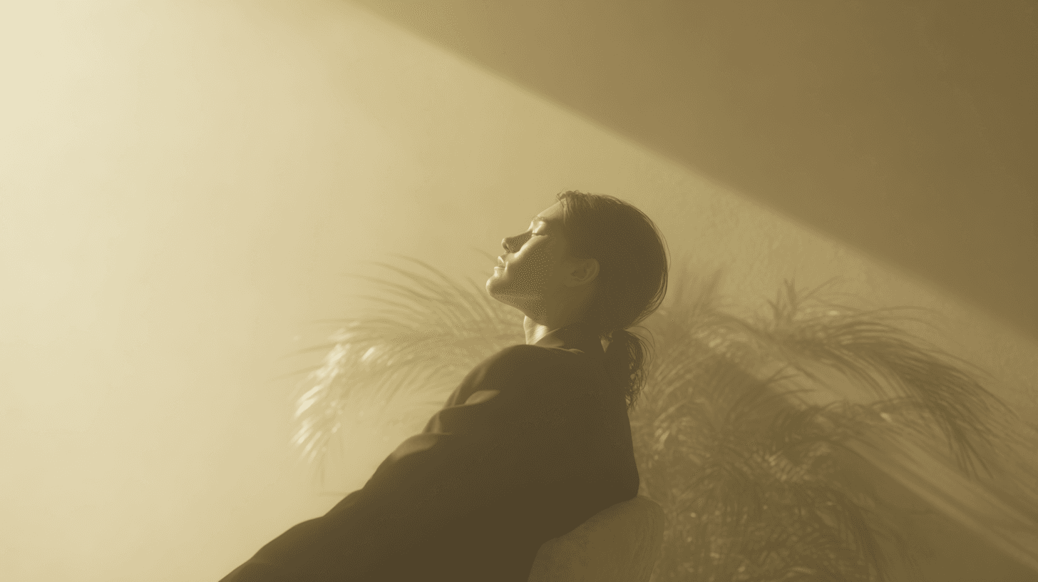 Moody atmosphere, person sitting in a chair facing the sunlight entering the room through the left side