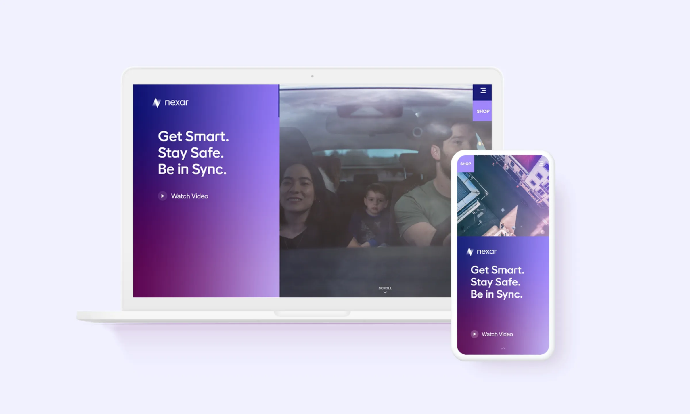Nexar campaign on laptop and phone reading "Get Smart. Stay Safe. Be in Sync."