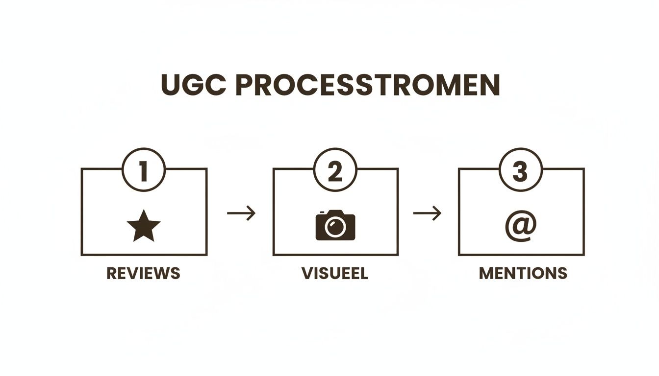 Een diagram toont de drie stappen van het UGC-proces: 1. Reviews (ster), 2. Visueel (camera), 3. Mentions (@).