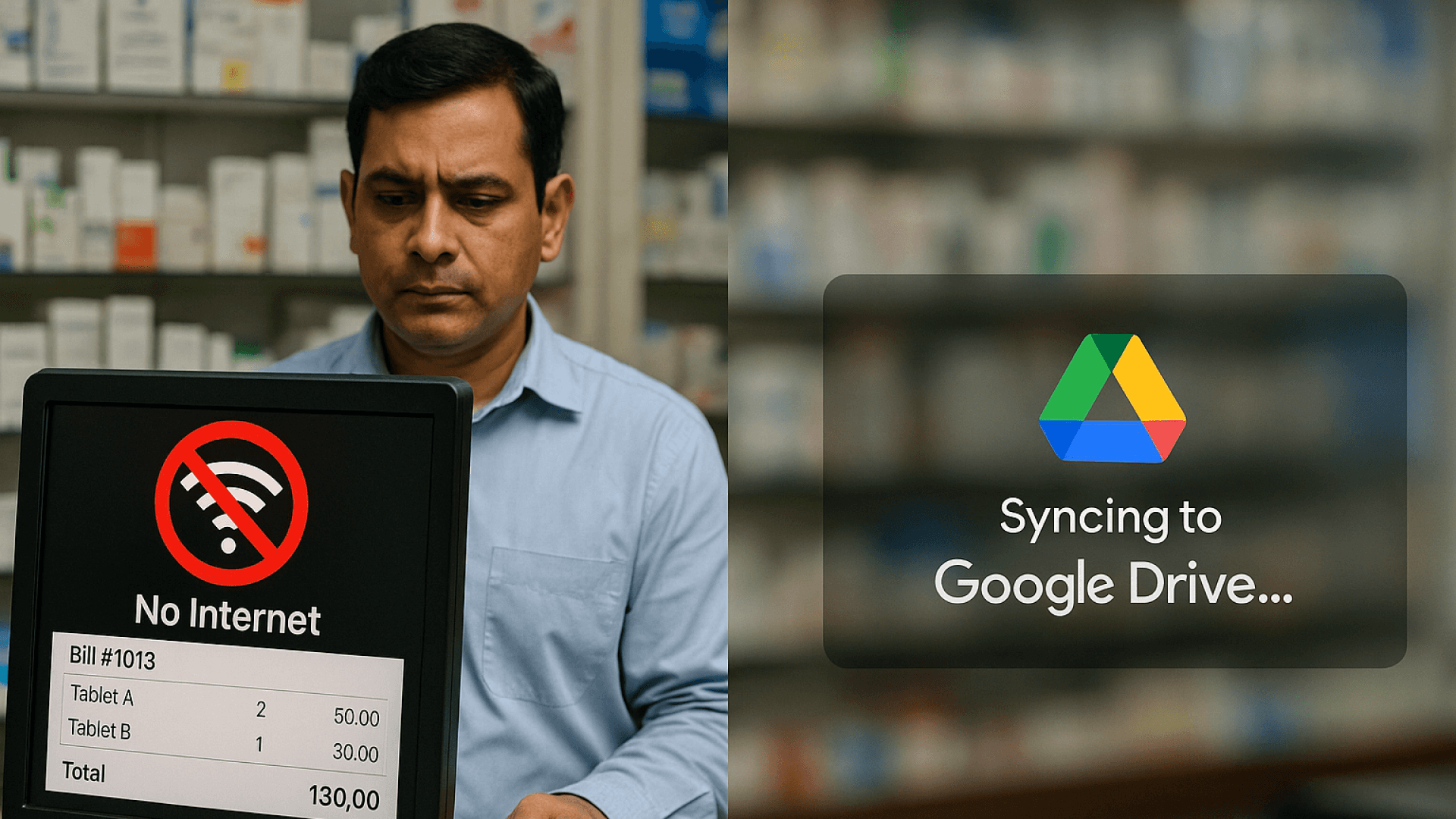 Split screen showing pharmacy billing software working offline and syncing to Google Drive for cloud backup