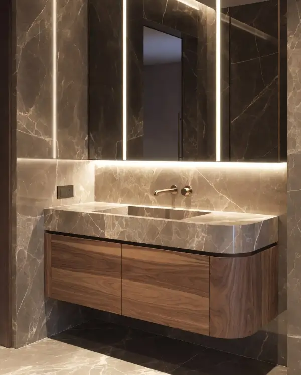 Luxury έπιπλο μπάνιου με διπλό marble νιπτήρα, ξύλινη βάση και καθρέφτη με LED φωτισμό