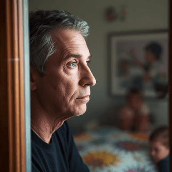 Ein Mann mittleren Alters schaut nachdenklich aus einem Fenster, im Hintergrund unscharf ein Kinderzimmer, natürliches Licht, dokumentarische Editorial-Fotografie.
