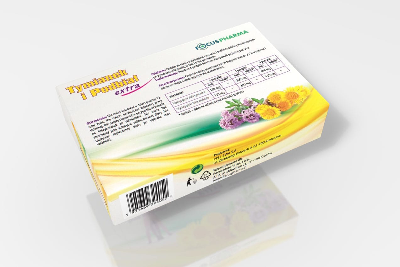 Opakowanie suplementu z kolorowymi ziołami i kwiatami, informacjami o wartości odżywczej oraz logo certyfikatu ekologicznego, podkreślające naturalne i zdrowotne tematy