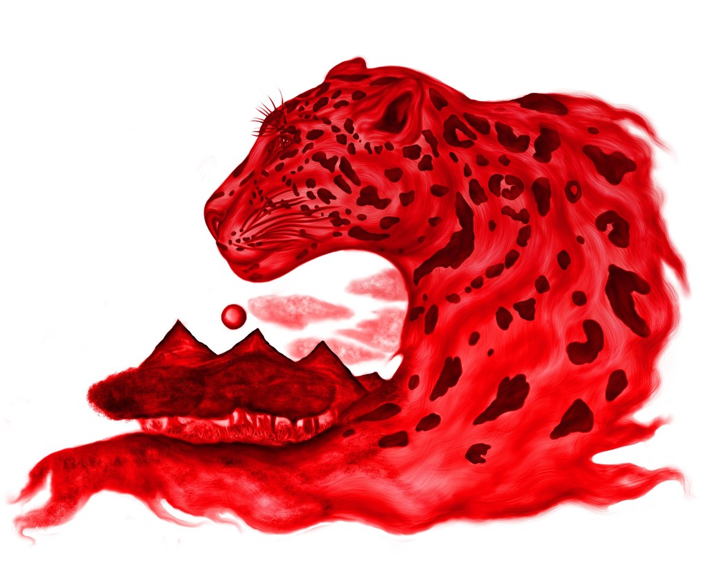 Painting by Chris Limeres: a blood-red jaguar leaping out of a wave over a small pyramid