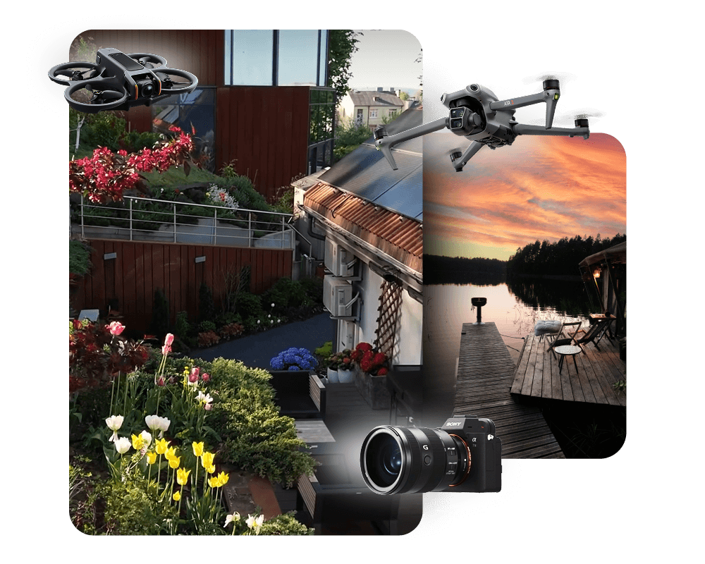 Dronas su už jo esančiais NT filmavimo projektų darbais