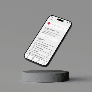 Floating mobile phone displaying service request category screen from Krysten Loiselle’s redesigned Calgary 311 app, highlighting user-friendly layout and improved navigation.