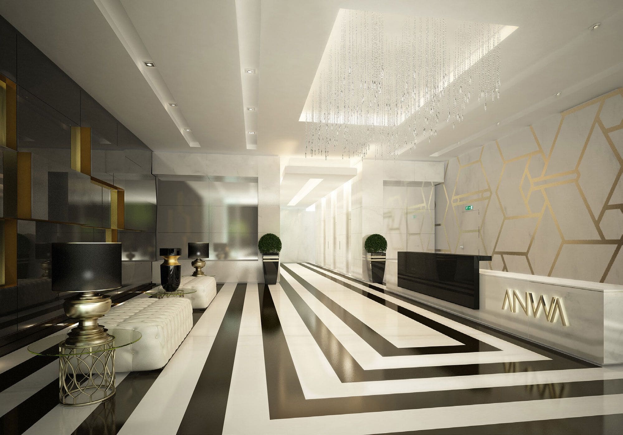 Stylish lobby with a large window, filled with natural light and modern decor in Anwa Omniyat Maritime City.