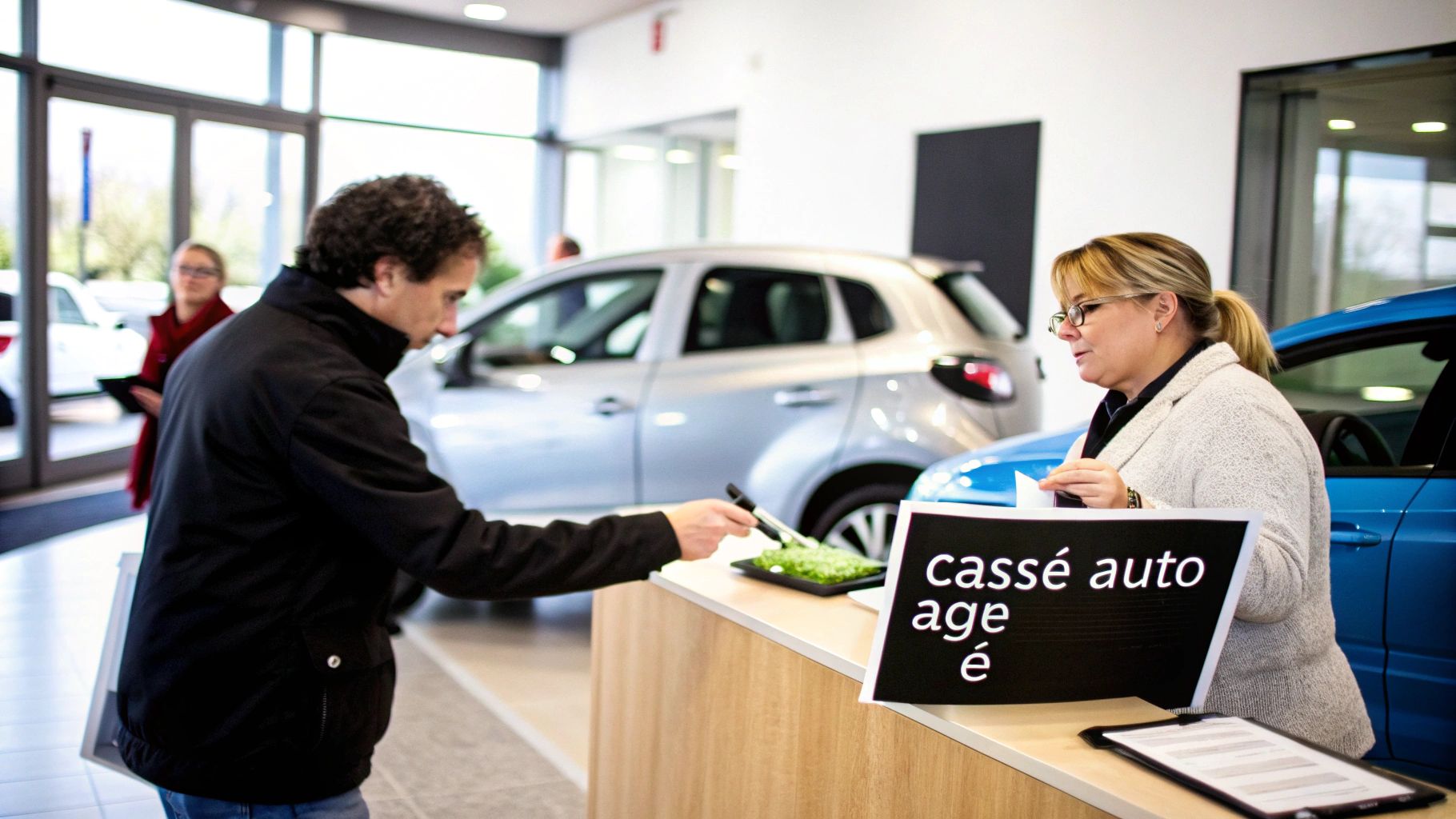Un homme et une femme interagissent à un comptoir, avec des voitures et un panneau
