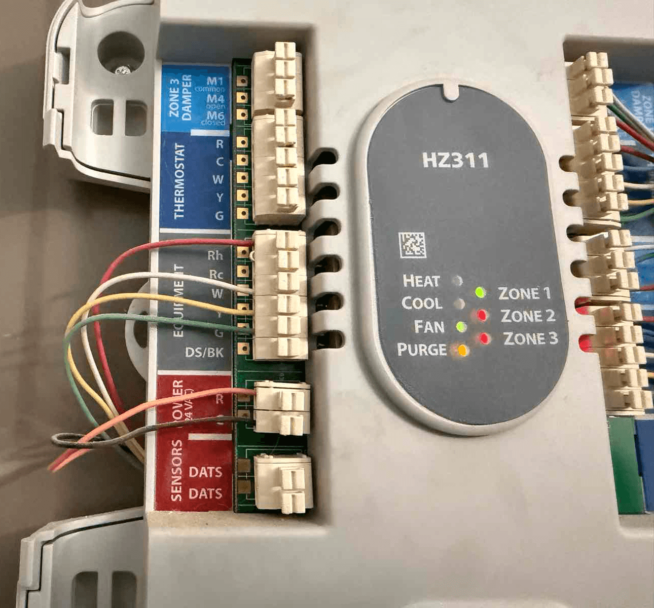 Zone control panel status lights showing heat, cool, fan, and three zones active.