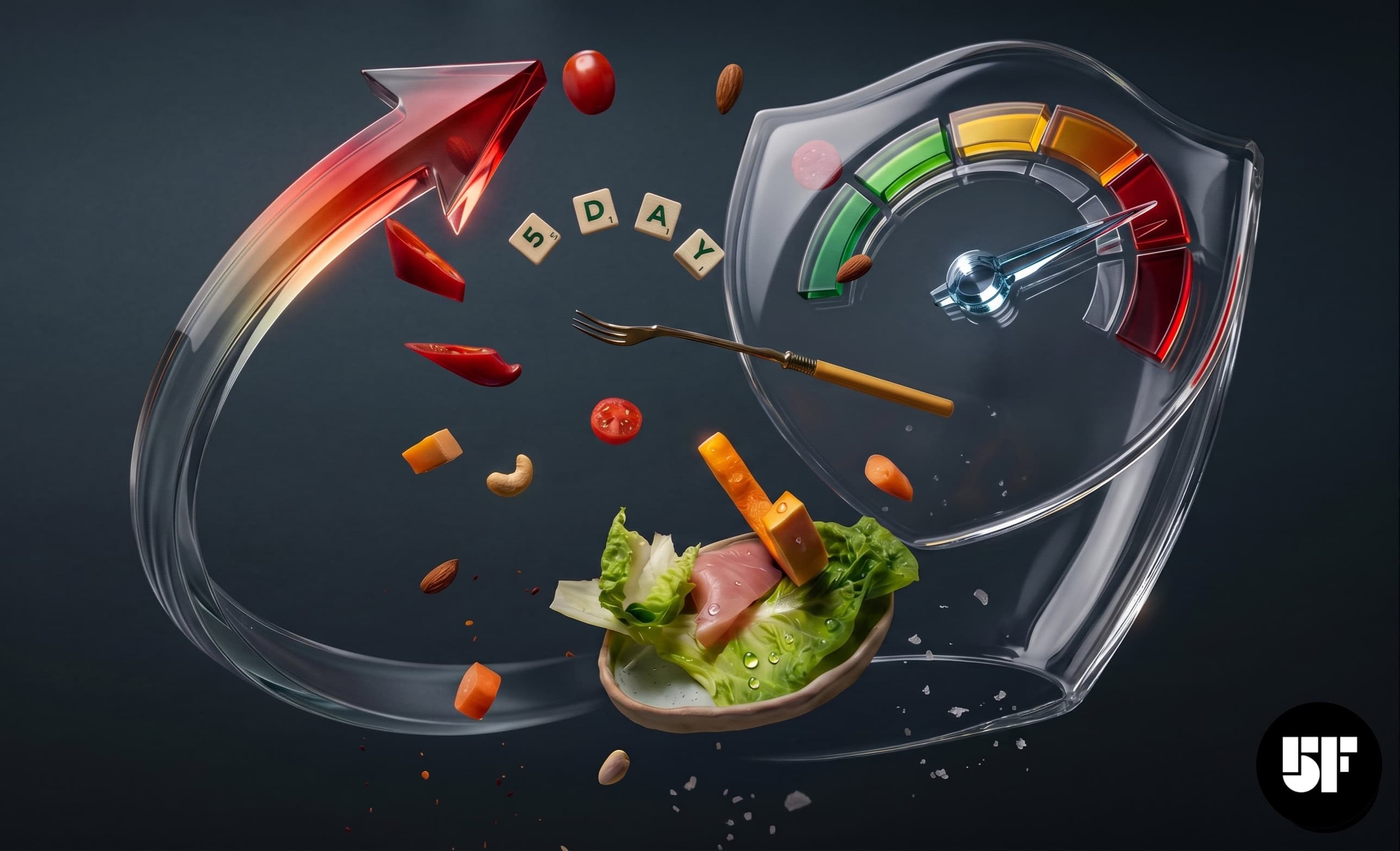 Een conceptual 3D-beeld met de tekst "5 DAY", omgeven door zwevende gezonde etenswaren en een prestatieschild