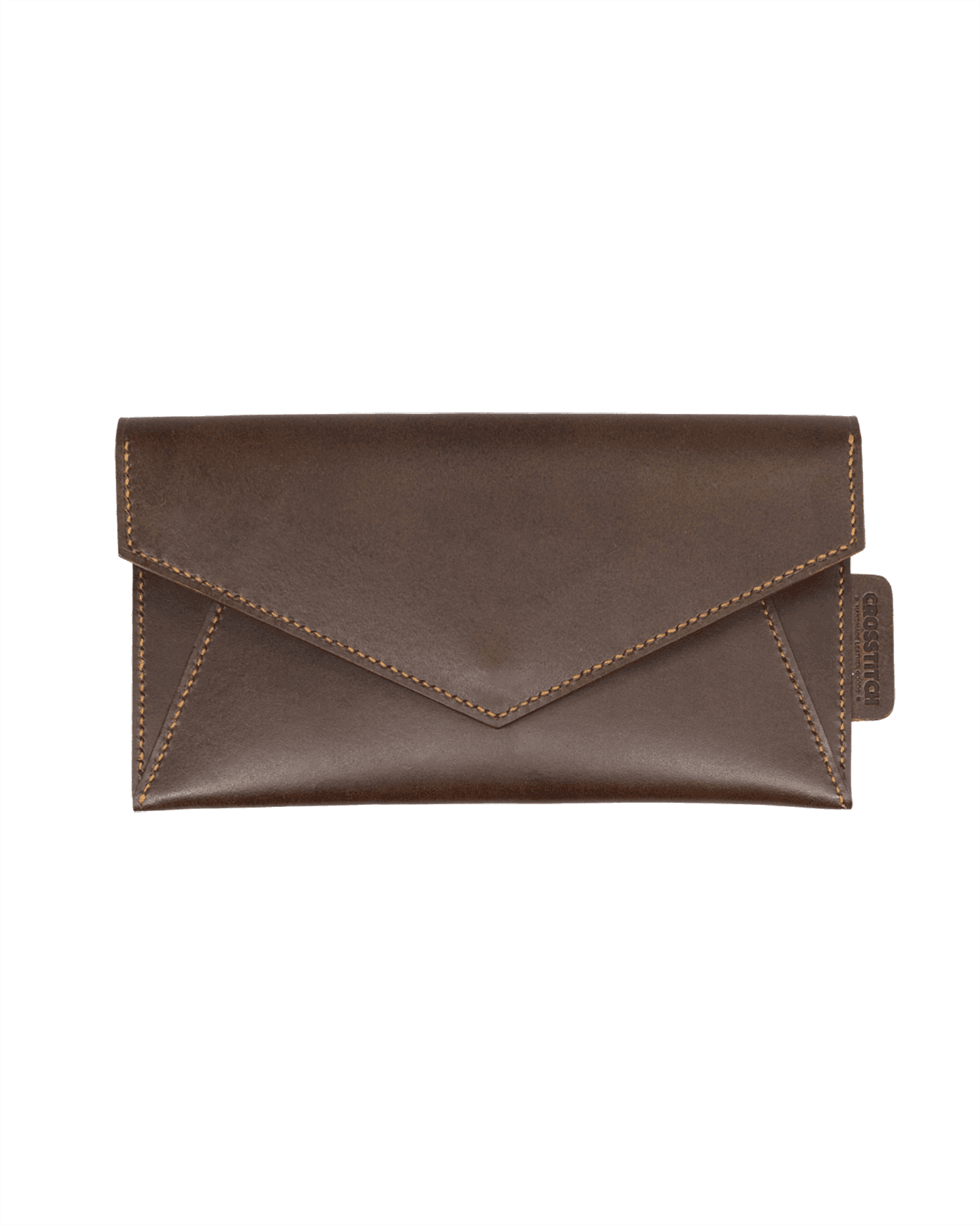 Handcrafted brown leather money envelope by Crosstitch Leather, featuring an angular flap design and embossed cat emblem.