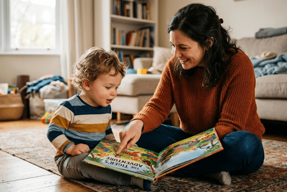 Parent reading with toddler to support language development at home