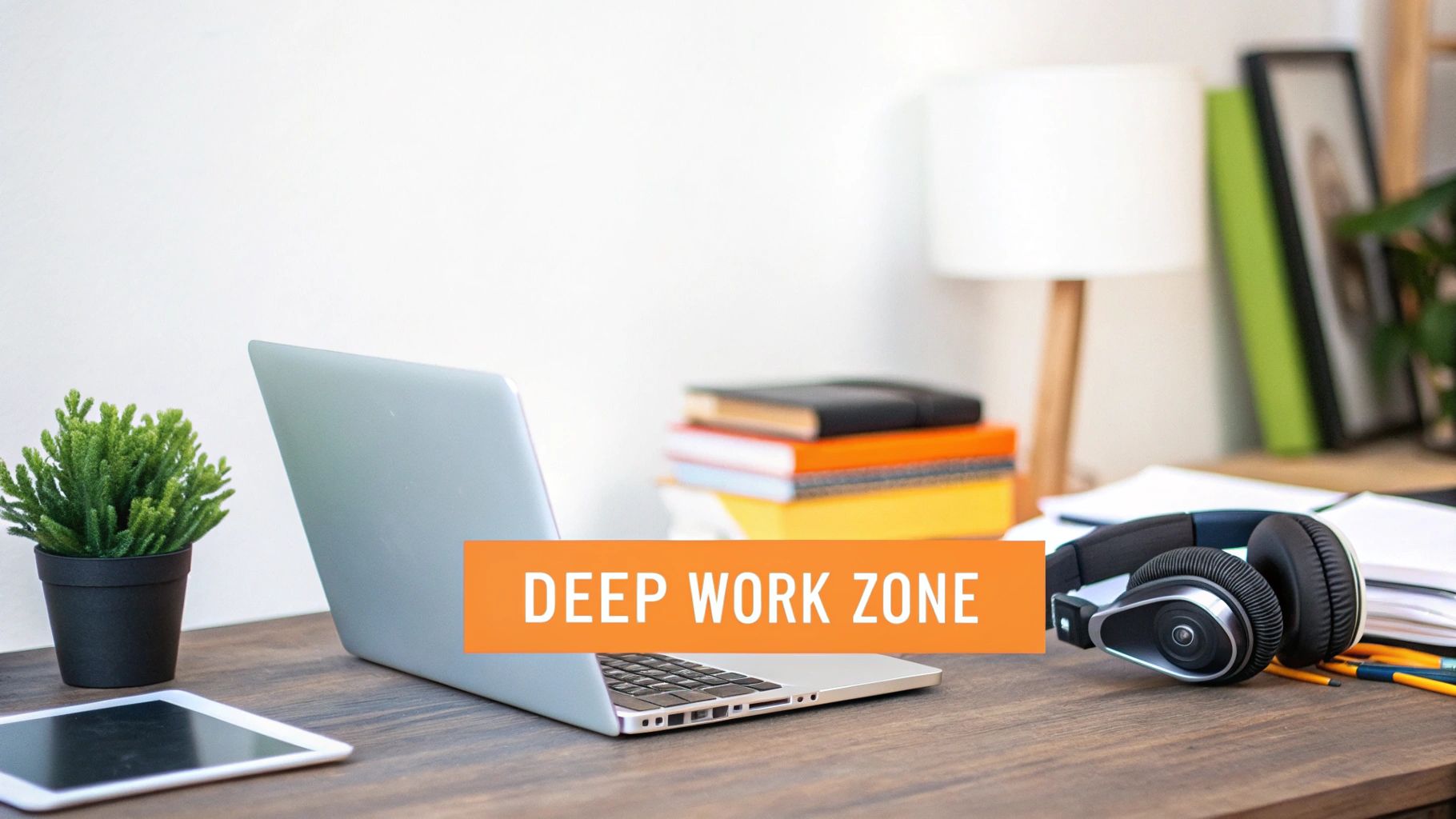 A person at a clean, well-lit desk using noise-canceling headphones to concentrate on their work.