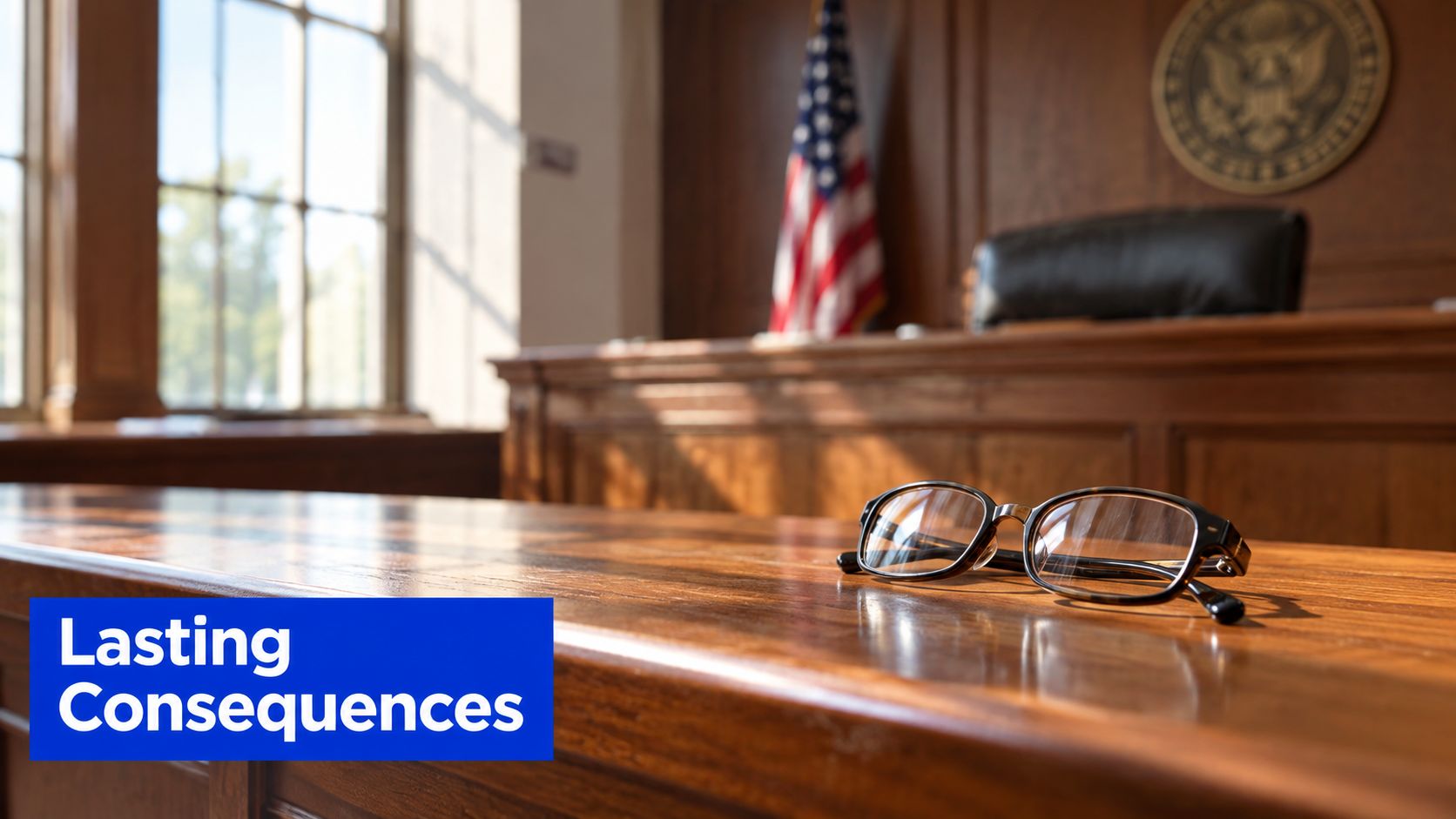 A pair of eyeglasses rests on a polished wooden courtroom bench in front of an American flag.
