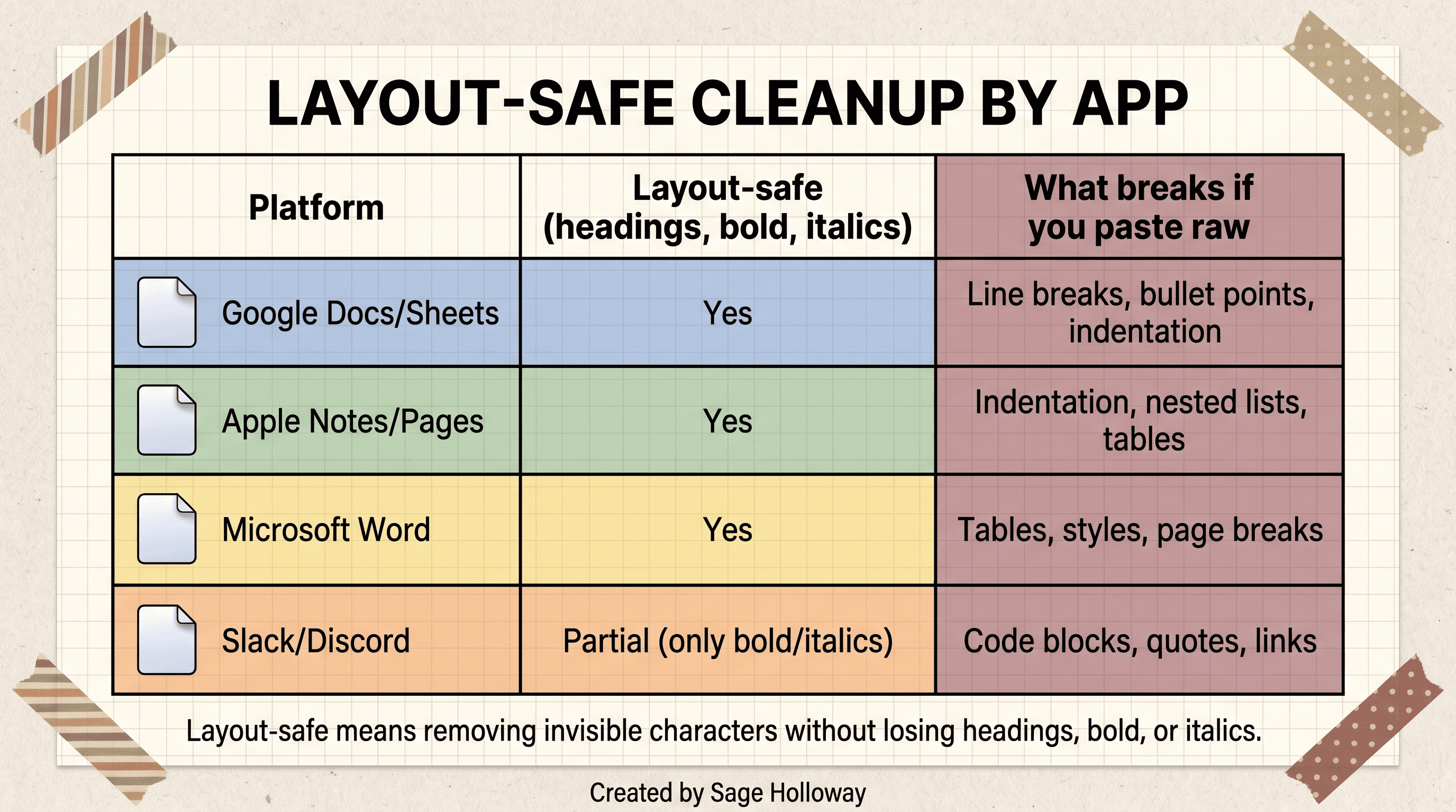 Table comparing layout-safe cleanup methods for removing hidden ChatGPT characters in Word, Pages, Google Docs, and PDF