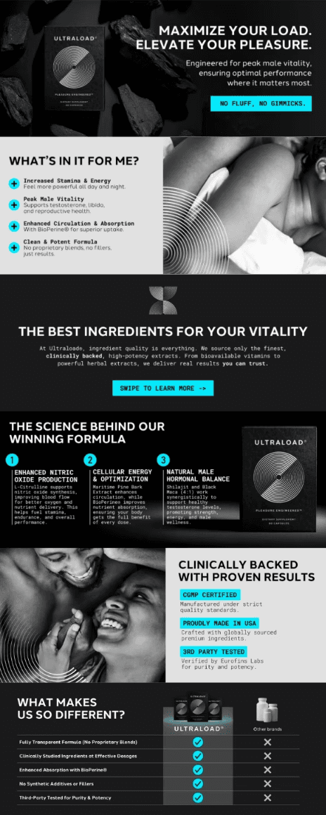 Portfolio showcase of a completed performance supplement website featuring a dark visual style, bold typography, scientific product information, fitness imagery, and comparison sections focused on vitality and results.
