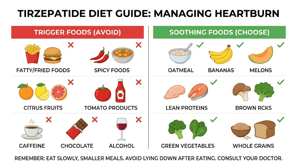 Foods to avoid and foods that help heartburn while taking tirzepatide