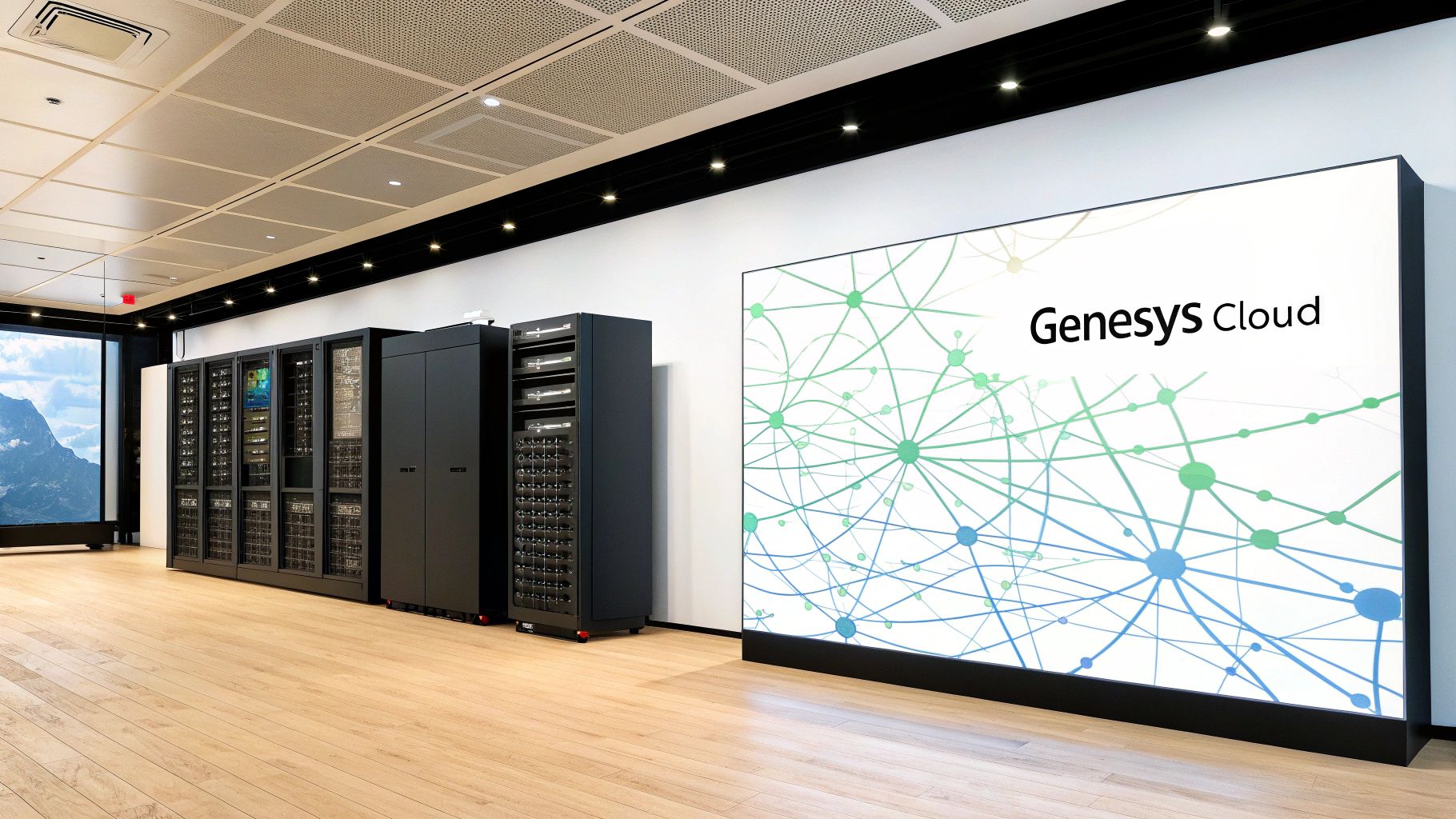 A modern data center room featuring black server racks and a large Genesys Cloud display.