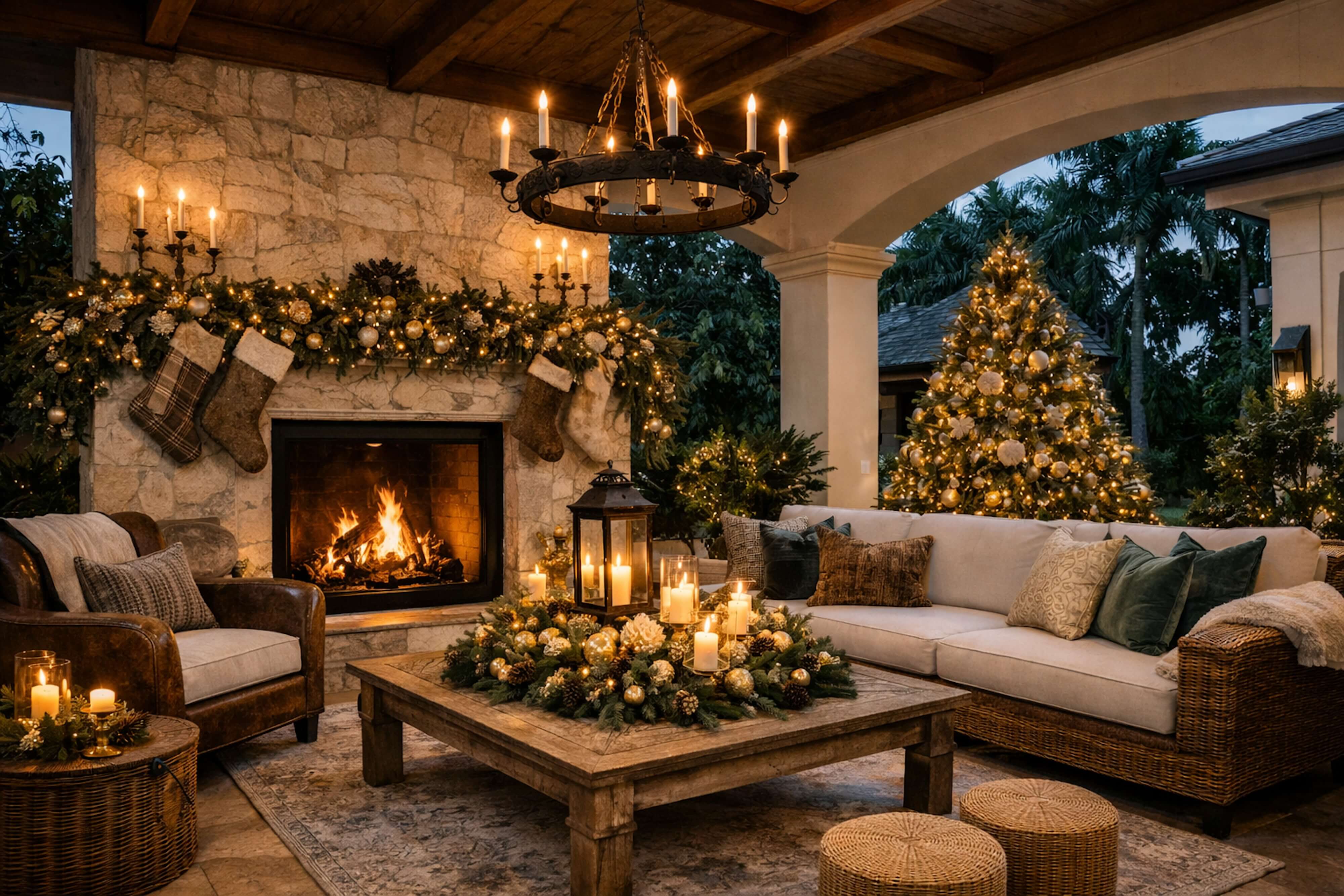 Outdoor holiday living space featuring a stone fireplace, wicker seating, layered textiles, candlelight, greenery, and a Christmas tree, blending rustic and refined materials.