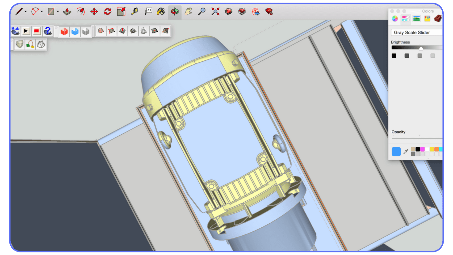 SketchUp workspace showing a detailed mechanical component alongside the color and material adjustment panel.
