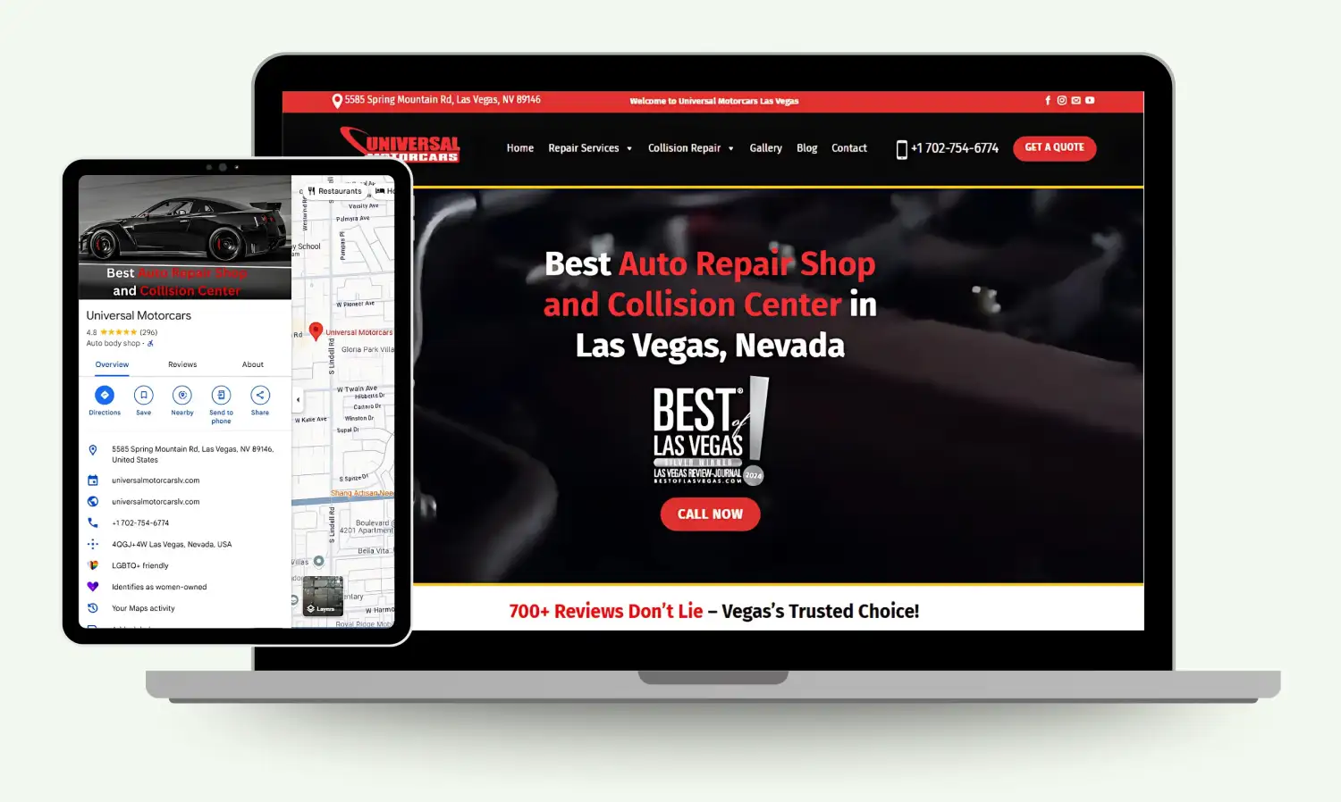 Universal Motorcars auto repair and collision center website mockup on laptop and tablet.