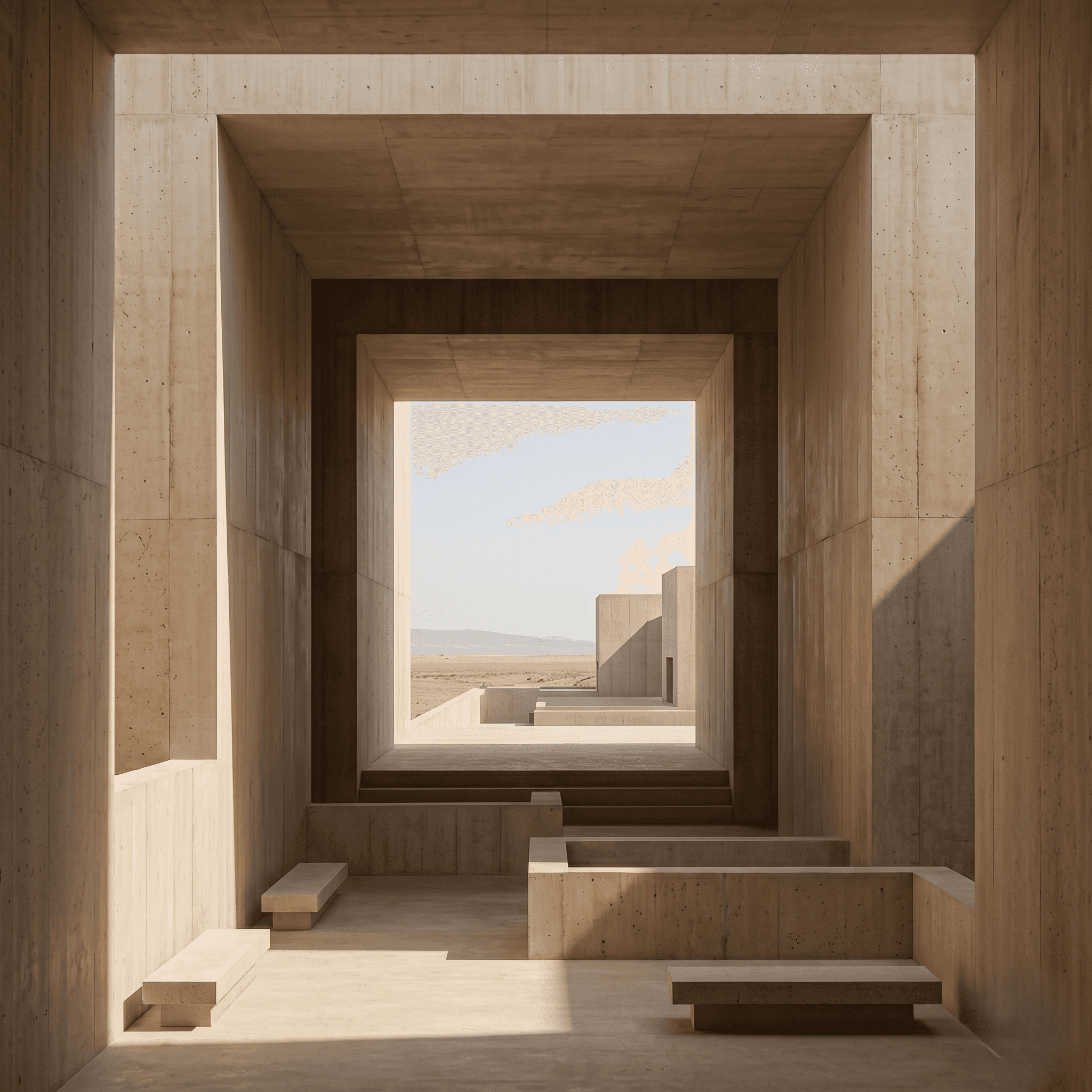 a corridor with sun rays and tall pillars 