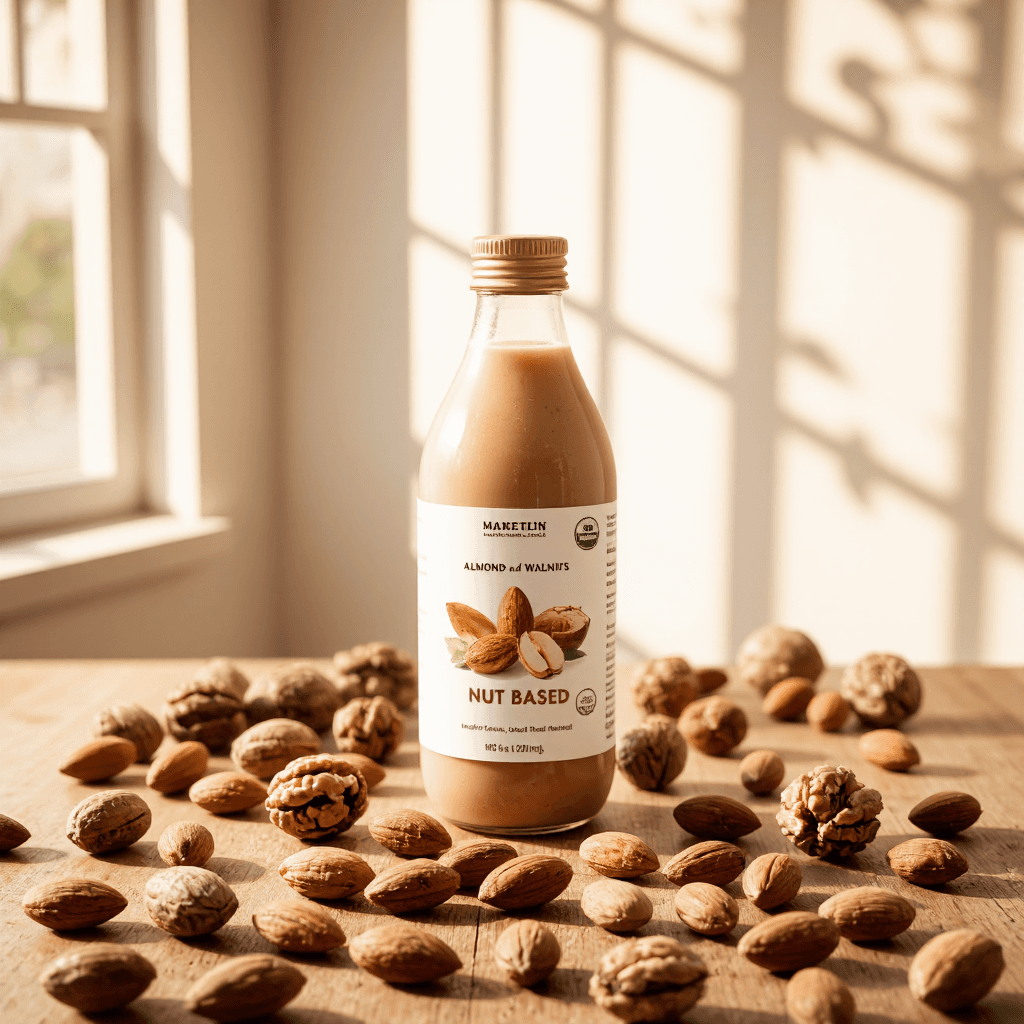 product photography of a bottle of nut-based drink