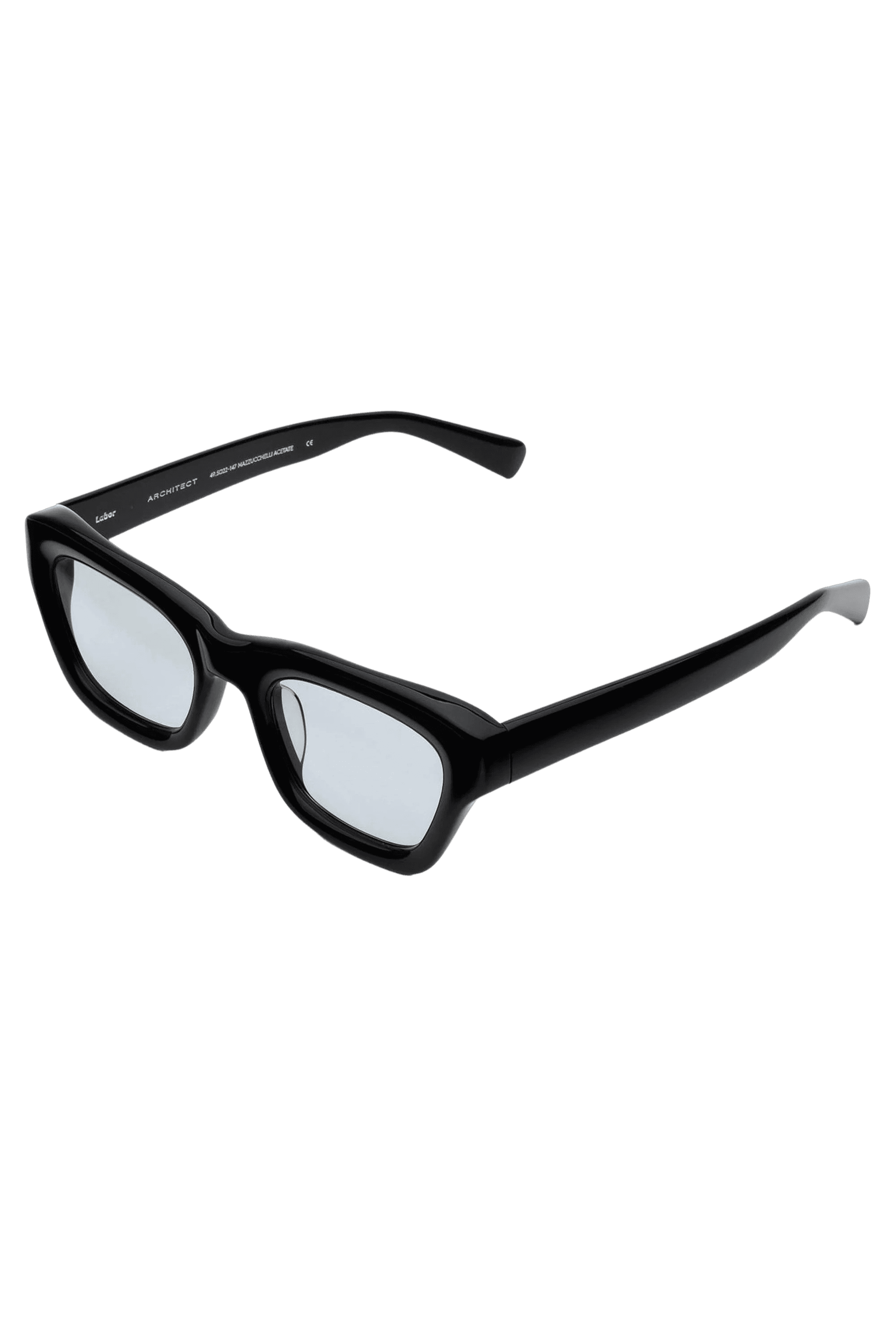 left side view of a pair of black eye glasses