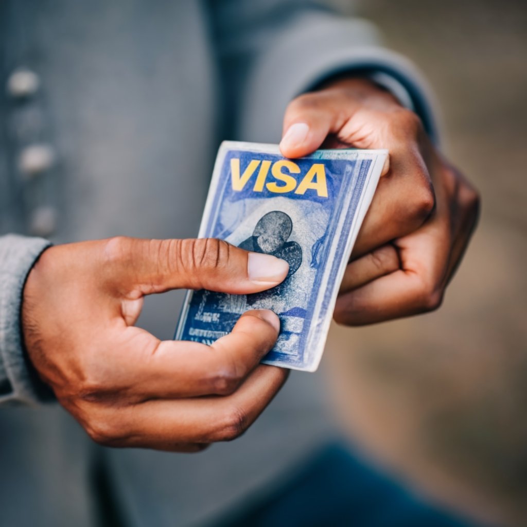 Close-up of a U.S. visa held in hands, with the National Visa Center logo in the background, illustrating the visa process via NVC