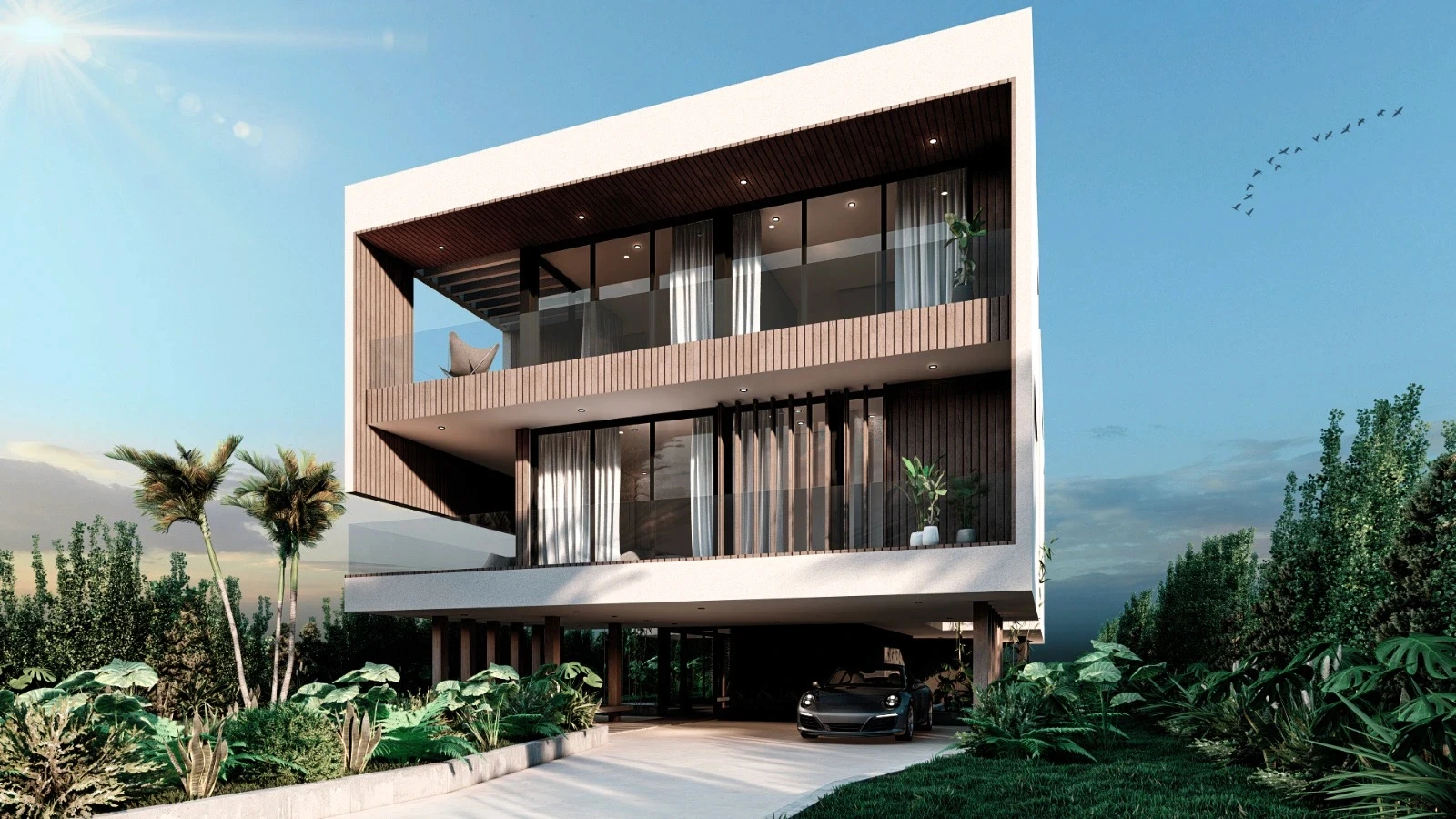 Modern three-story residence with covered parking and floor-to-ceiling glazing, Miami Beach