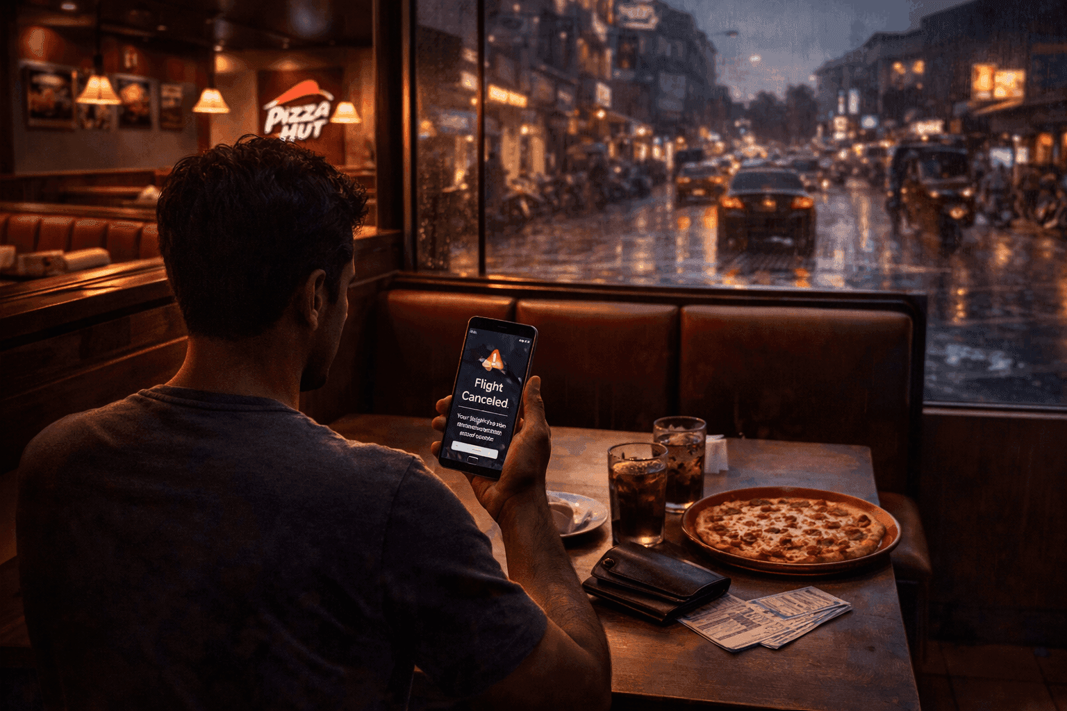 Man sitting in Pizza Hut in Colombo looking at canceled flight on phone symbolizing unexpected life change and new direction